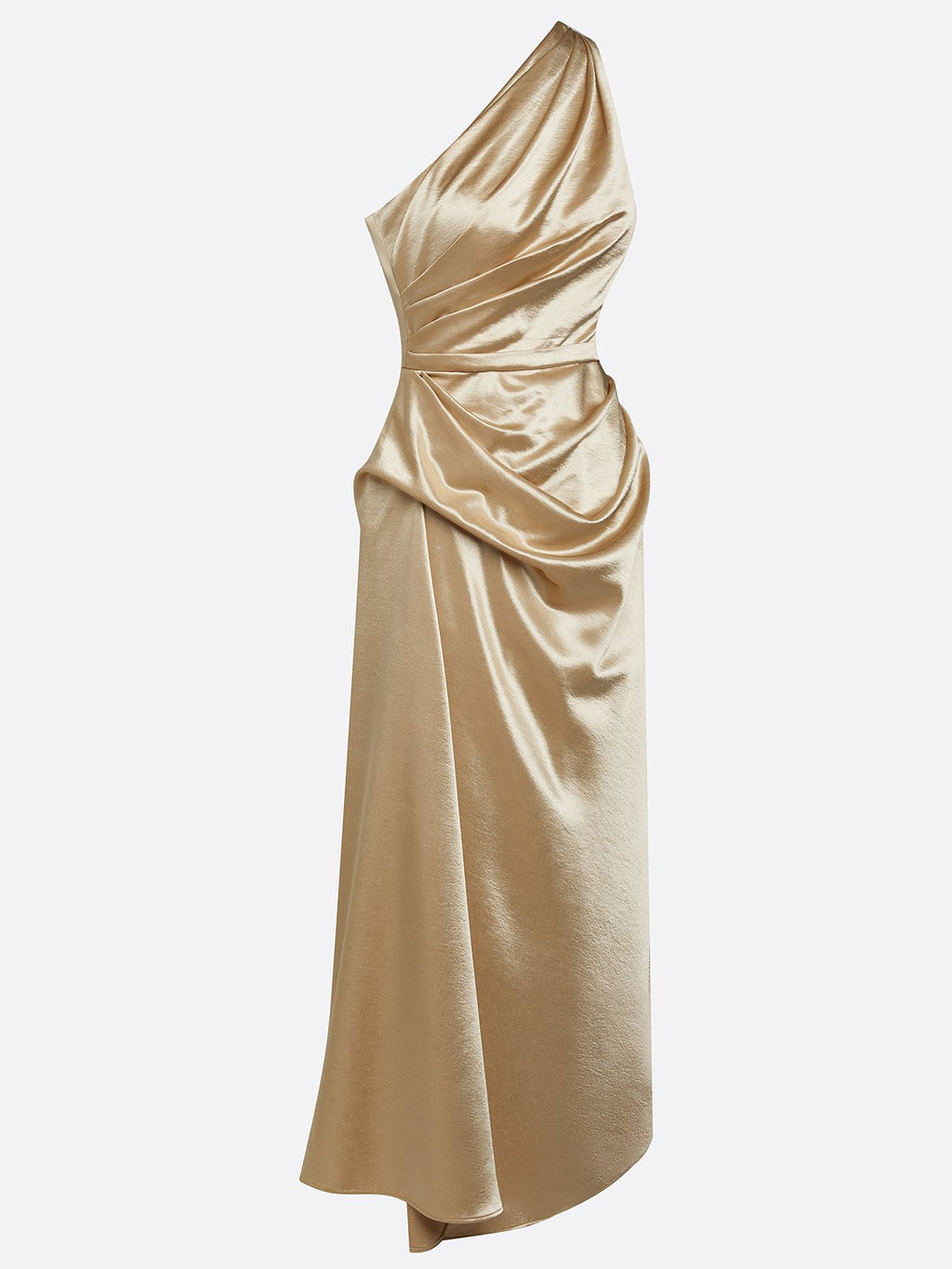 Gold satin one shoulder ruched midi dress, full length detail view