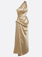 Gold satin one shoulder ruched midi dress, full length detail view