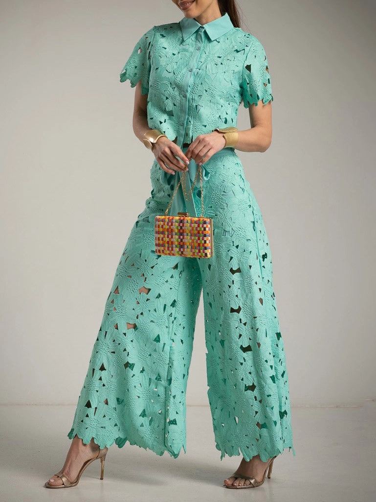 Casual Cutout Lace Shirt & Wide-Leg Pants Two-Piece Set