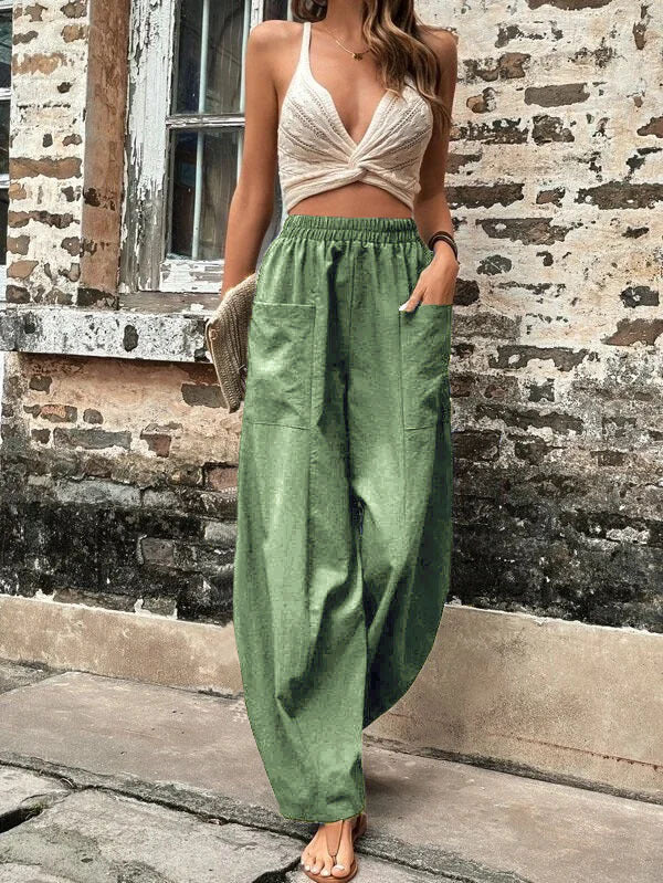 Loose Fit Elastic-Waist Trousers with Pockets