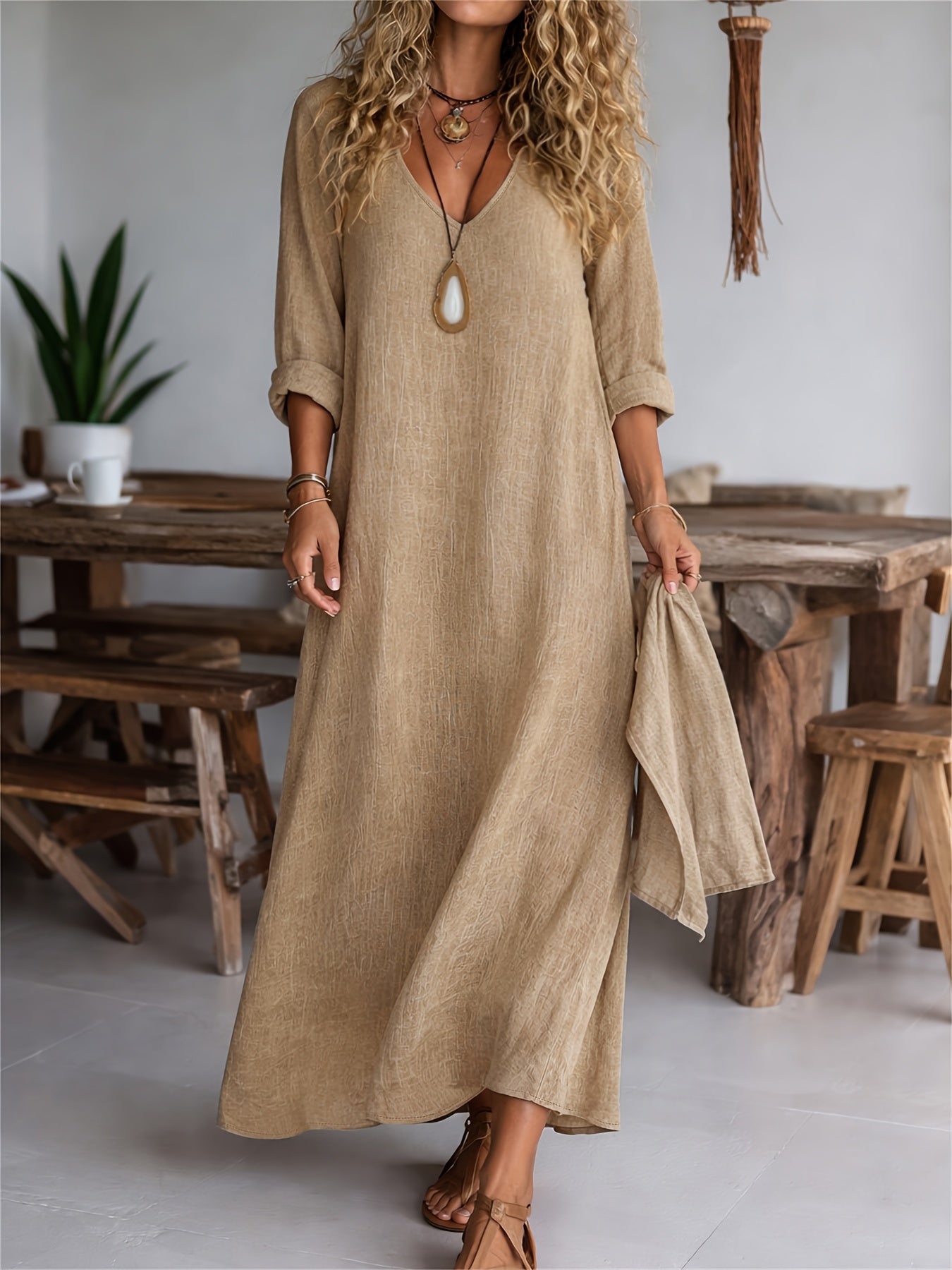 V-neck long sleeve loose linen maxi dress | Alba Muse