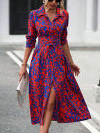 Women's geometric print belted shirt dress with lapel collar, smart casual style, front view