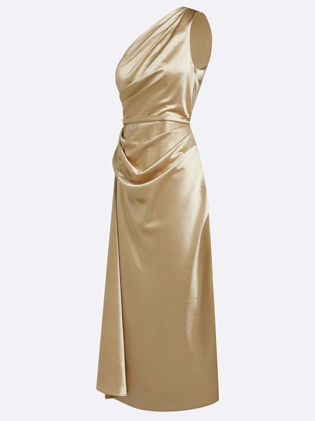 Gold satin ruched midi dress – angled side view