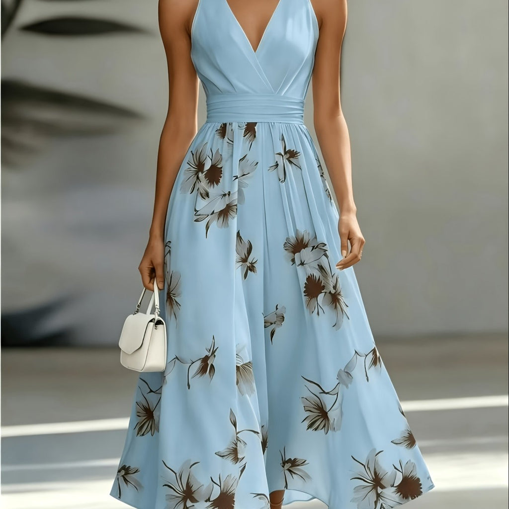 Shirred Geometric Print V-Neck Midi Dress