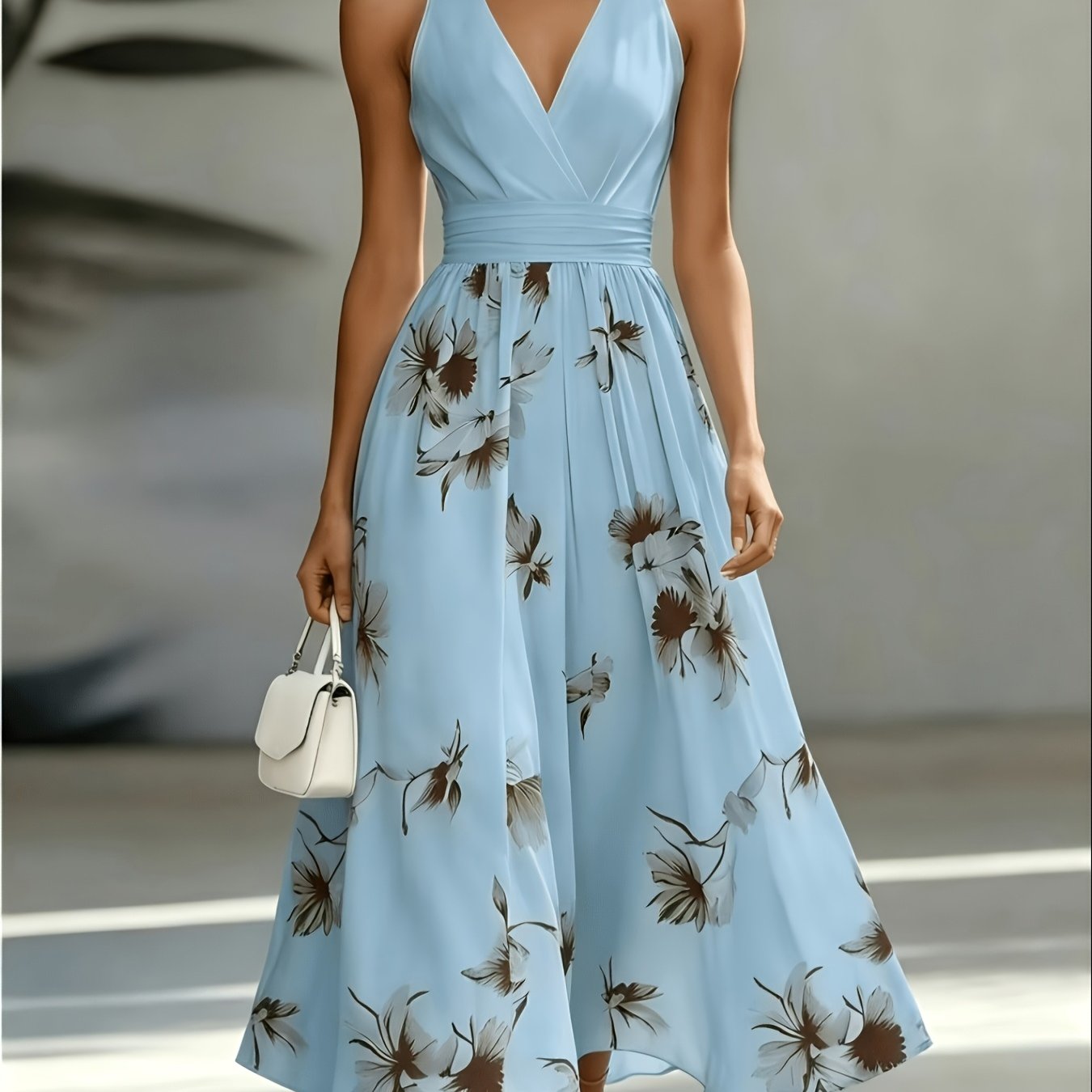 Shirred Geometric Print V-Neck Midi Dress