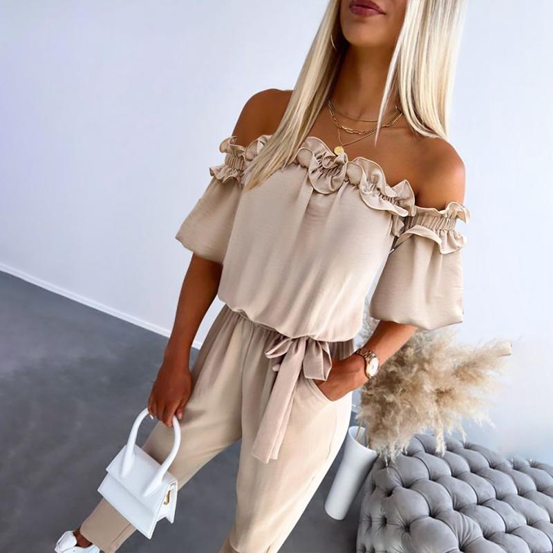Off-shoulder frill jumpsuit in apricot, self-tie waist and straight leg | Alba Muse