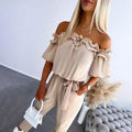 Off-shoulder frill jumpsuit in apricot, self-tie waist and straight leg | Alba Muse