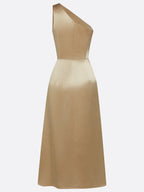 Gold satin ruched midi dress – angled back view