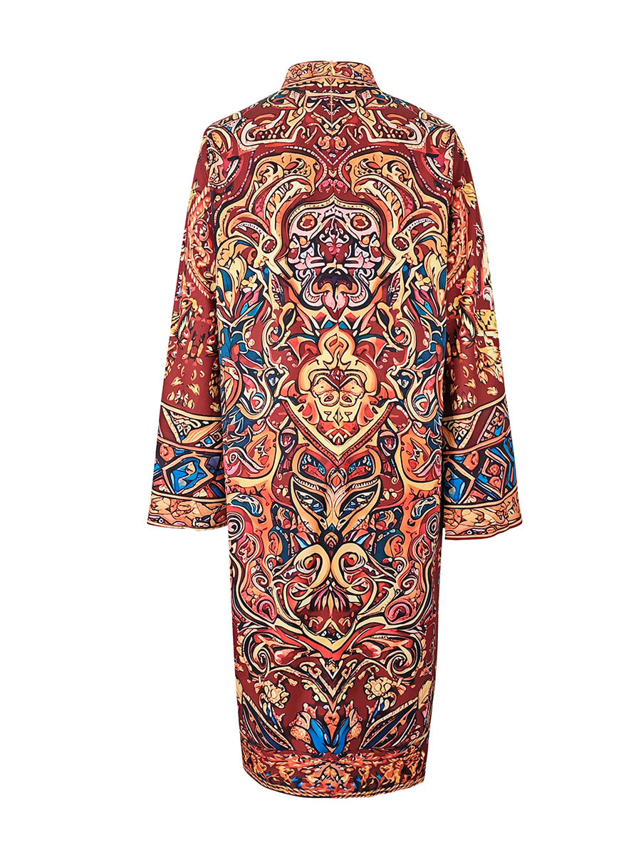 Red contrast-print mock neck midi dress, back view, alternate angle
