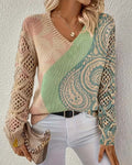 Colour block hollow-out V-neck knit pullover, front view