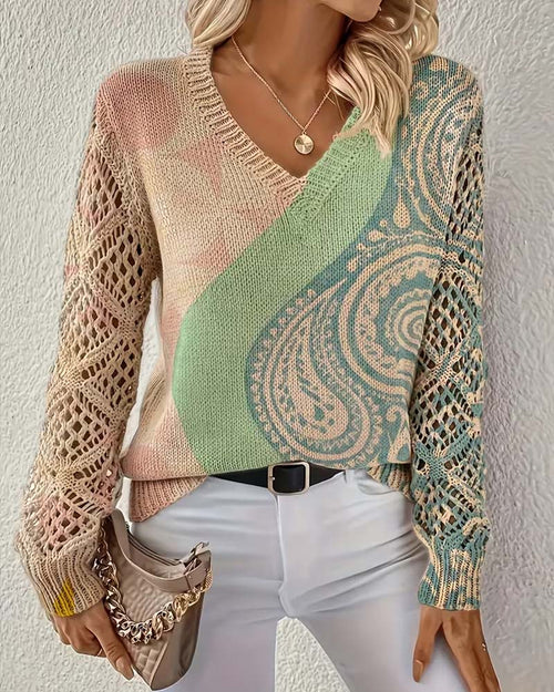 Colour block hollow-out V-neck knit pullover, front view