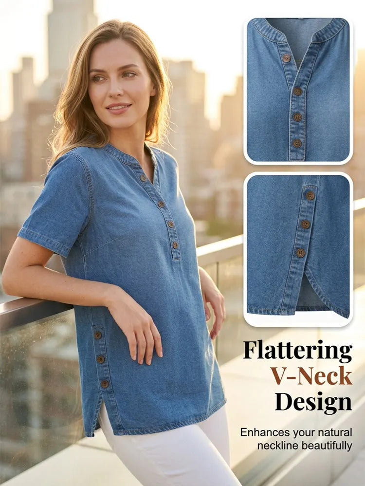 Casual denim short-sleeve shirt, relaxed fit side view | Alba Muse