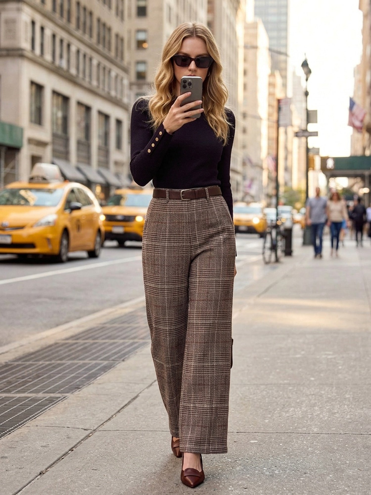 Coffee Brown tailored checked wide-leg Trousers