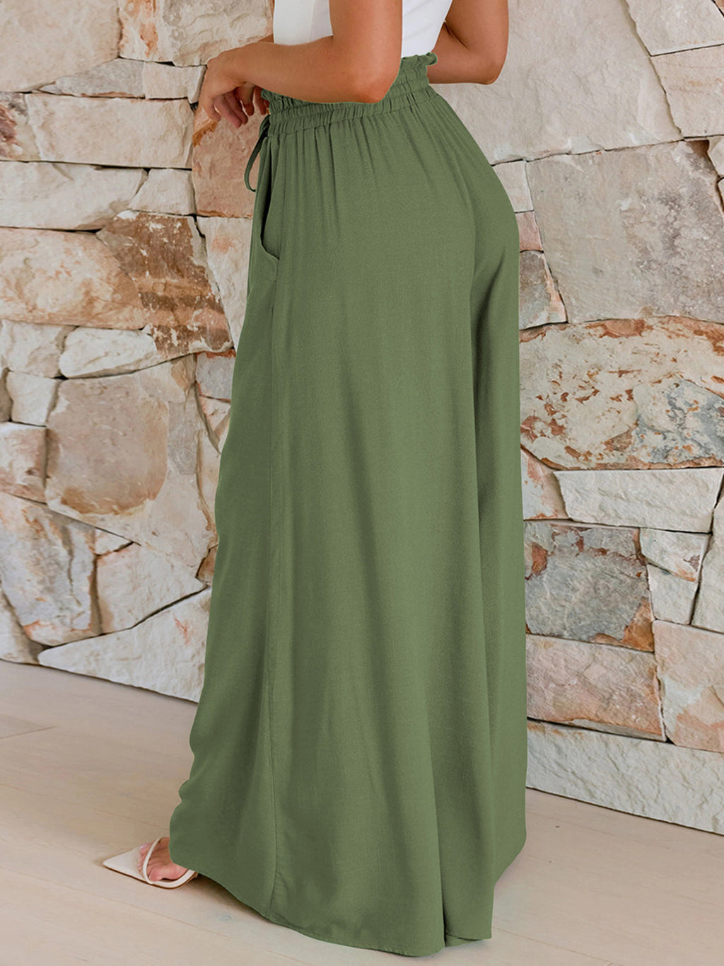 Women's drawstring wide leg pants with pockets, back view