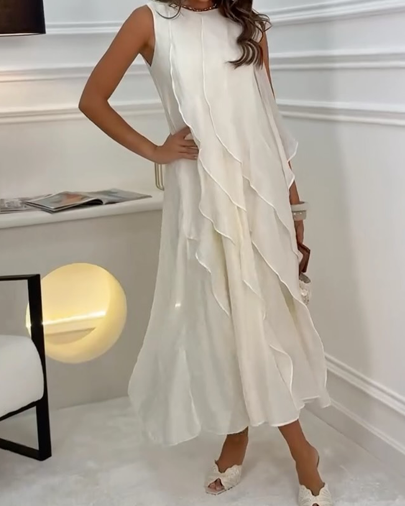 Sleeveless ruffle asymmetrical maxi dress, front view