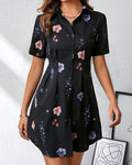 Floral print short sleeve shirred lapel midi dress, front view