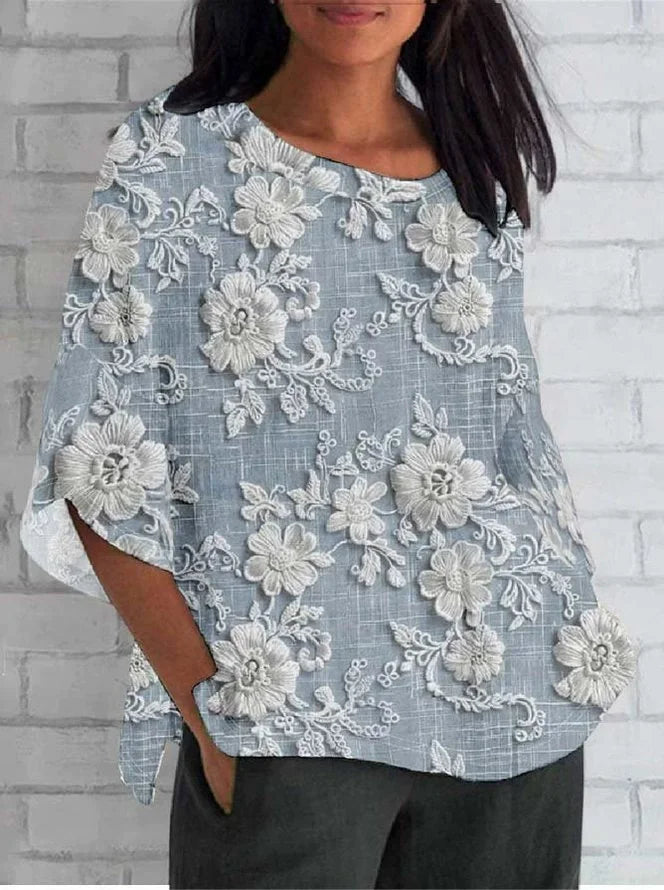 Floral Embroidery Blouse Khaki Blue Women | Alba Muse