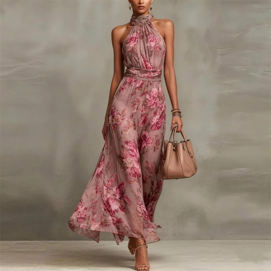 Green floral wedding guest maxi dress with open shoulder, lifestyle shot