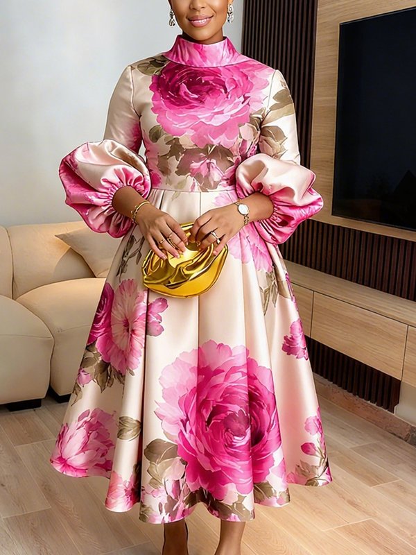 Pink floral print A-line maxi dress, front view