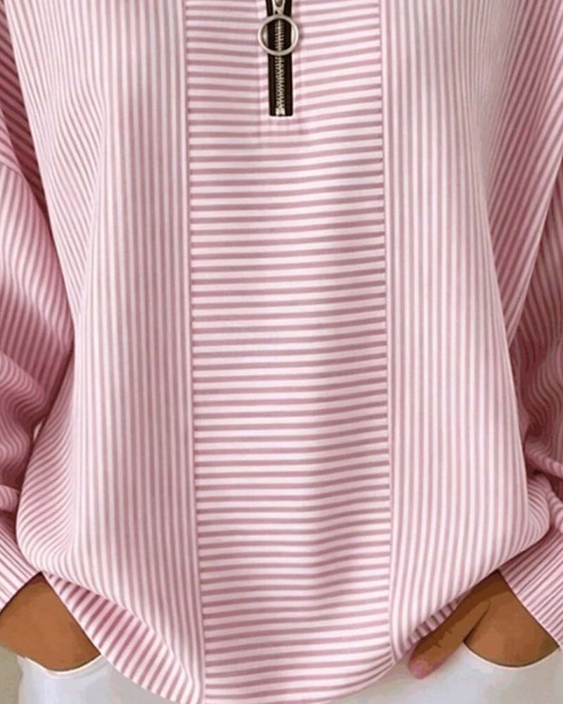 Women's Pink Half-Zip Long-Sleeve Striped Blouse