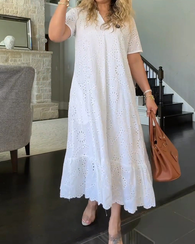 White V-Neck Hollow-Out Ruffle Trim Midi Dress