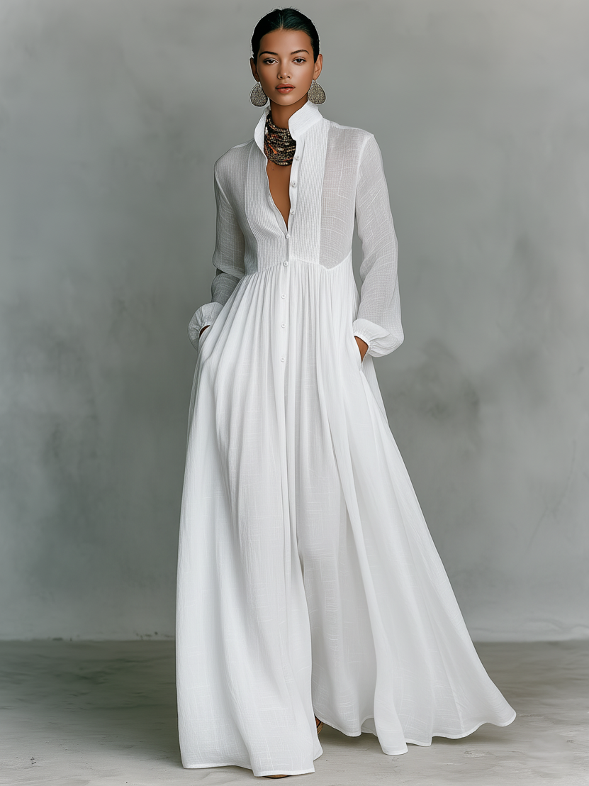 Women's Effortless Linen Maxi Dress with Stand Collar