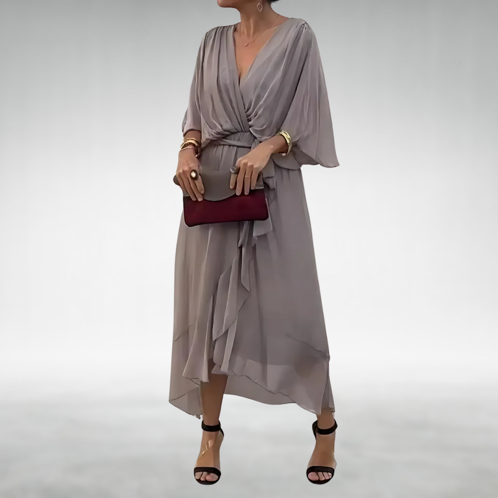 Breathable chiffon maxi dress with tie waist, three-quarter view