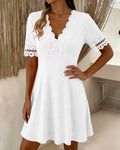 White V-Neck Lace Patchwork Waffle Midi Dress