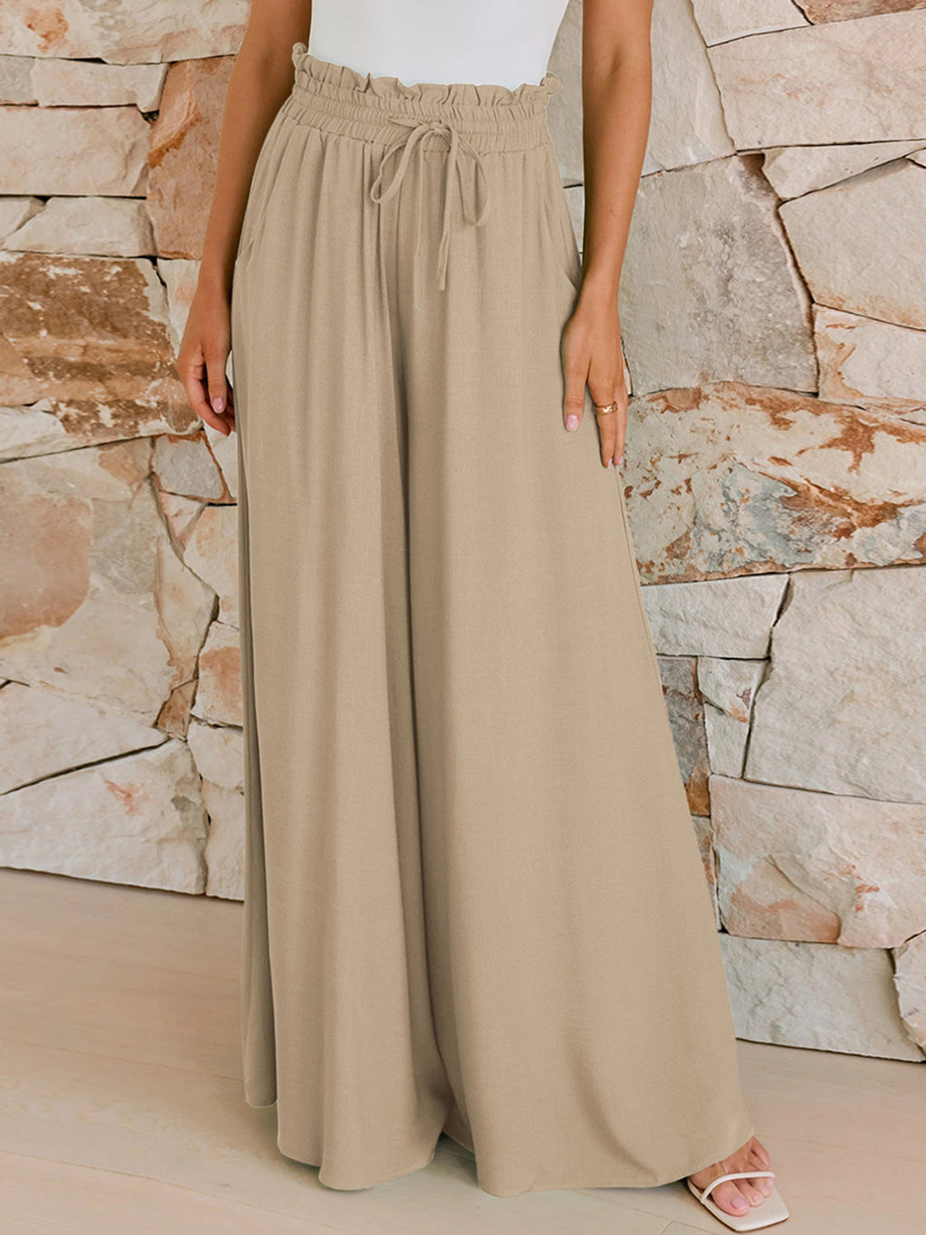 Women's Drawstring Wide Leg Trousers with Pockets – Casual