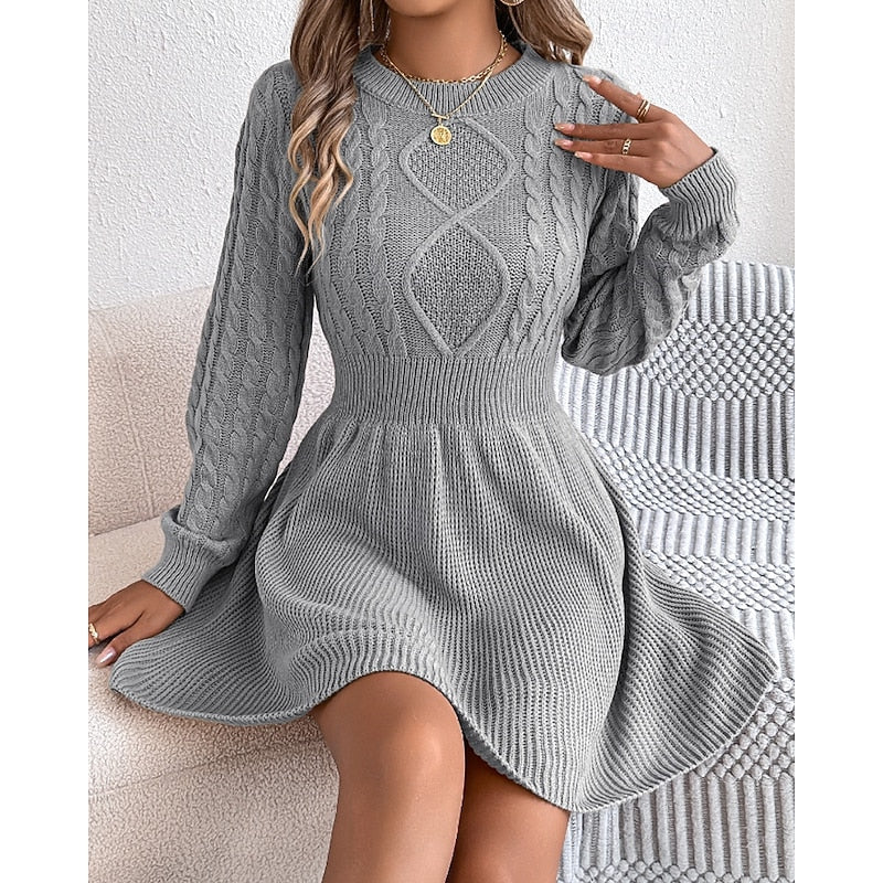 Grey Cable Knit Crew Neck Mini Dress, front view
