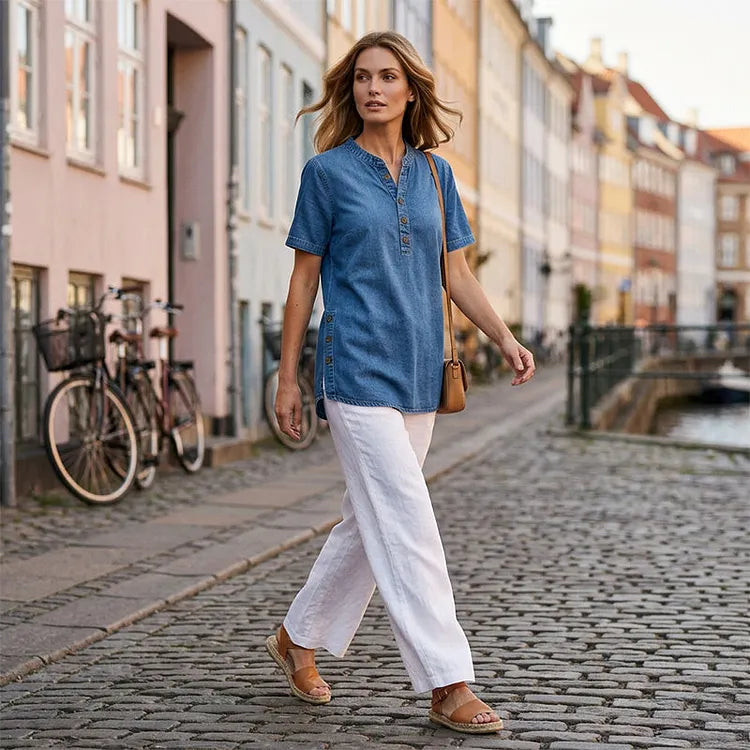 Lightweight denim shirt styled open as a casual layer | Alba Muse
