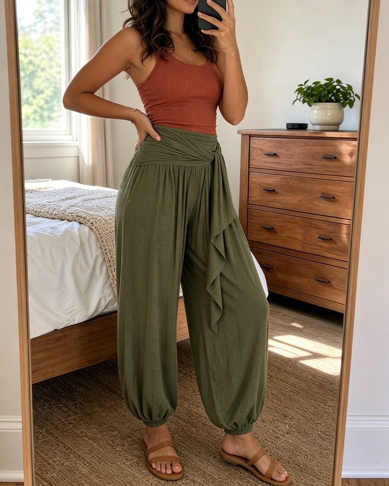 Army Green Cuffed Drawstring Balloon-Leg Trousers