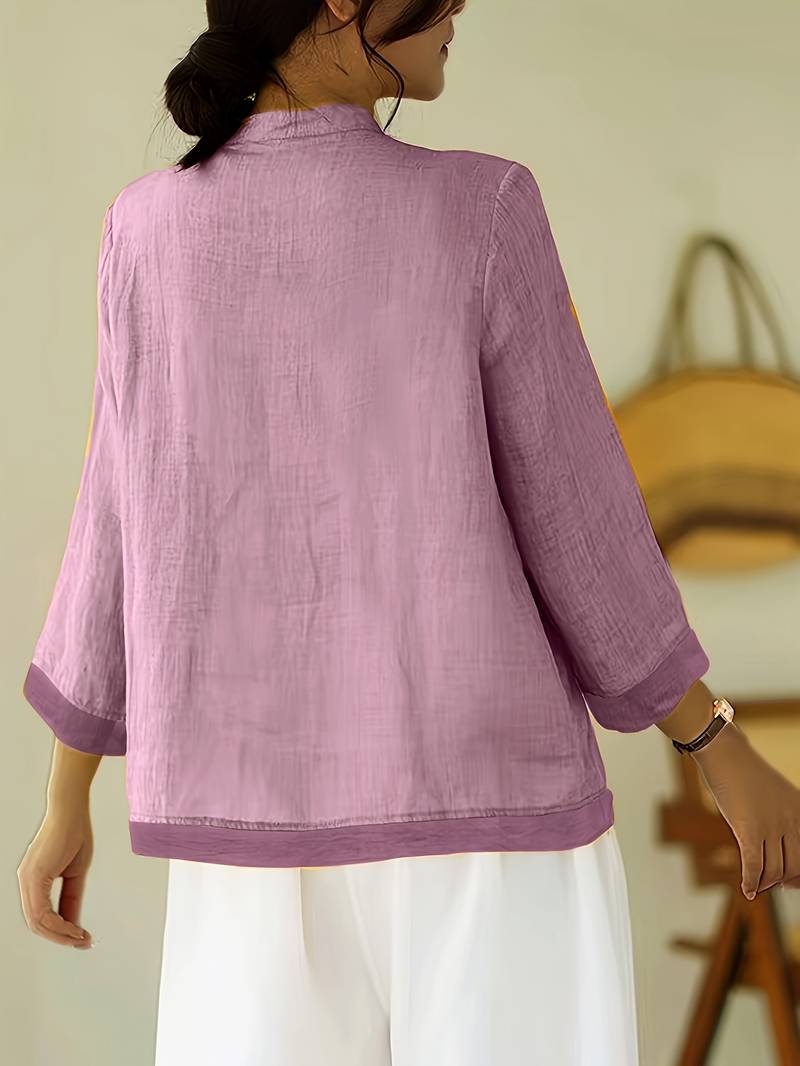 Mandarin Collar Frog Button Linen Blouse