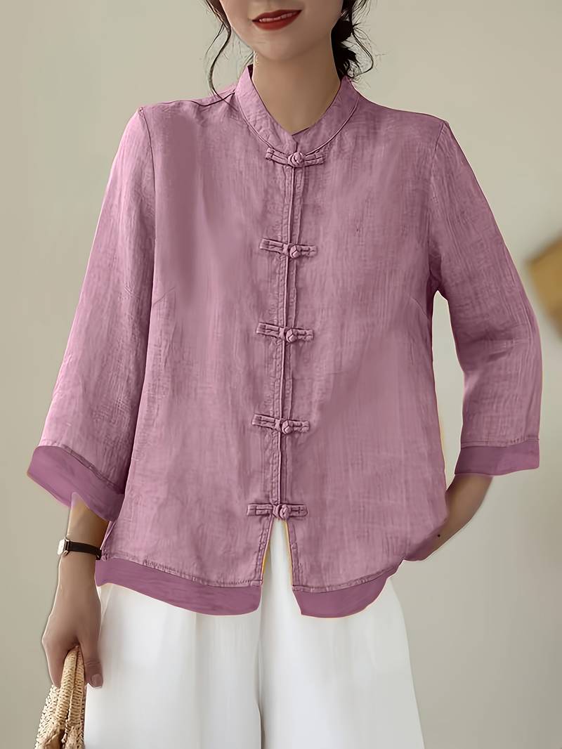 Mandarin Collar Frog Button Linen Blouse