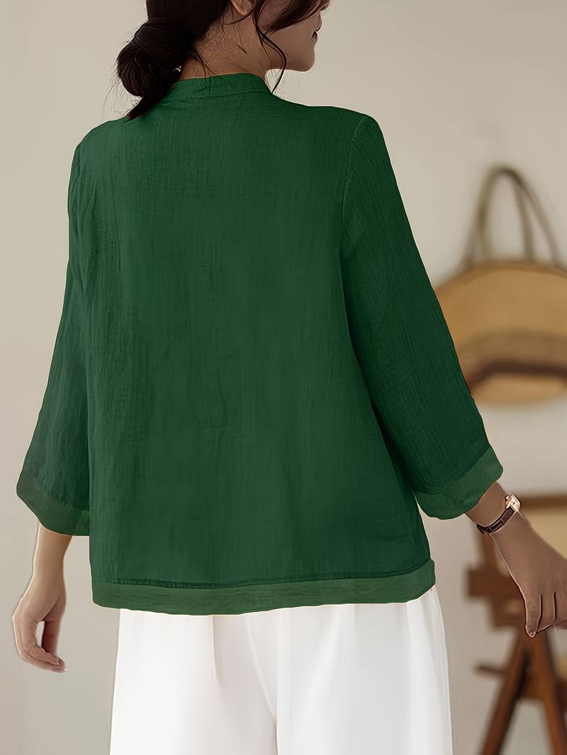 Mandarin Collar Frog Button Linen Blouse