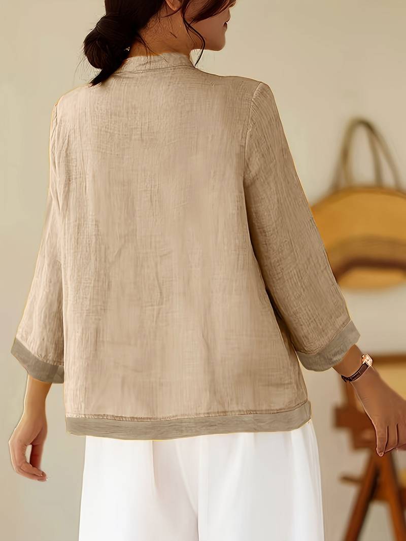 Mandarin Collar Frog Button Linen Blouse