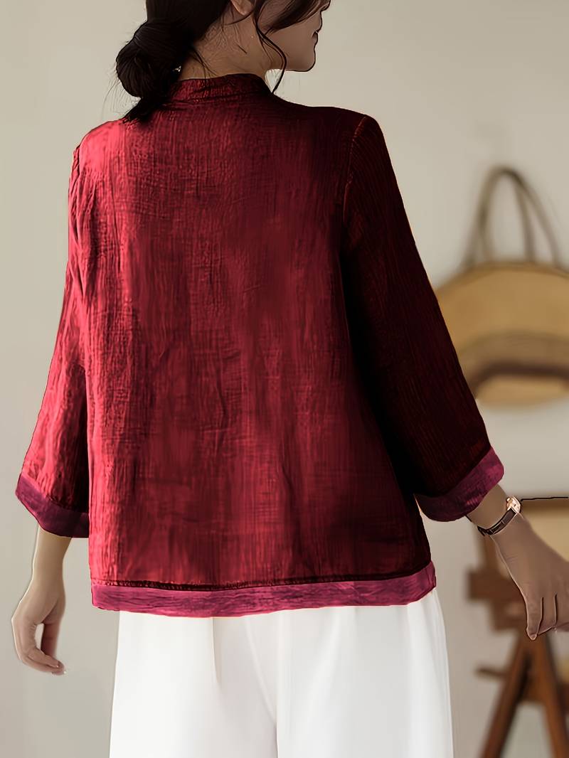 Mandarin Collar Frog Button Linen Blouse