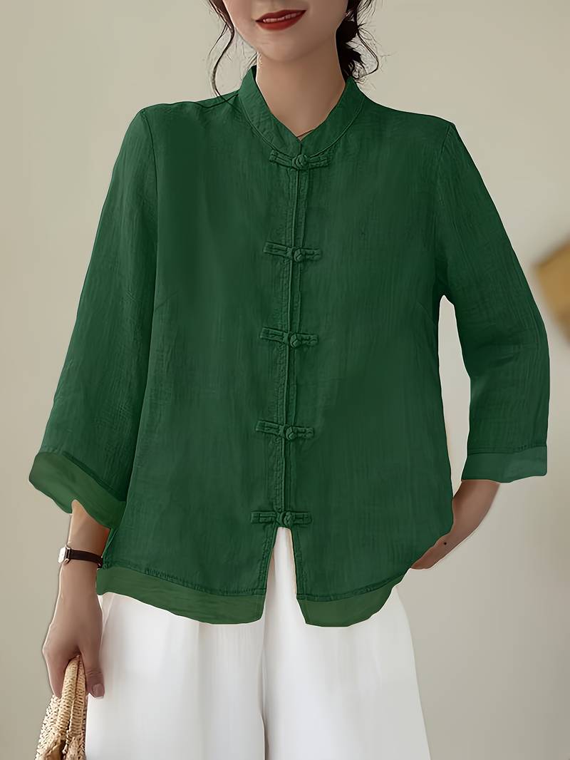 Green mandarin collar linen blouse, front view