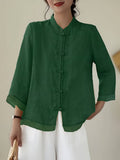 Green mandarin collar linen blouse, front view