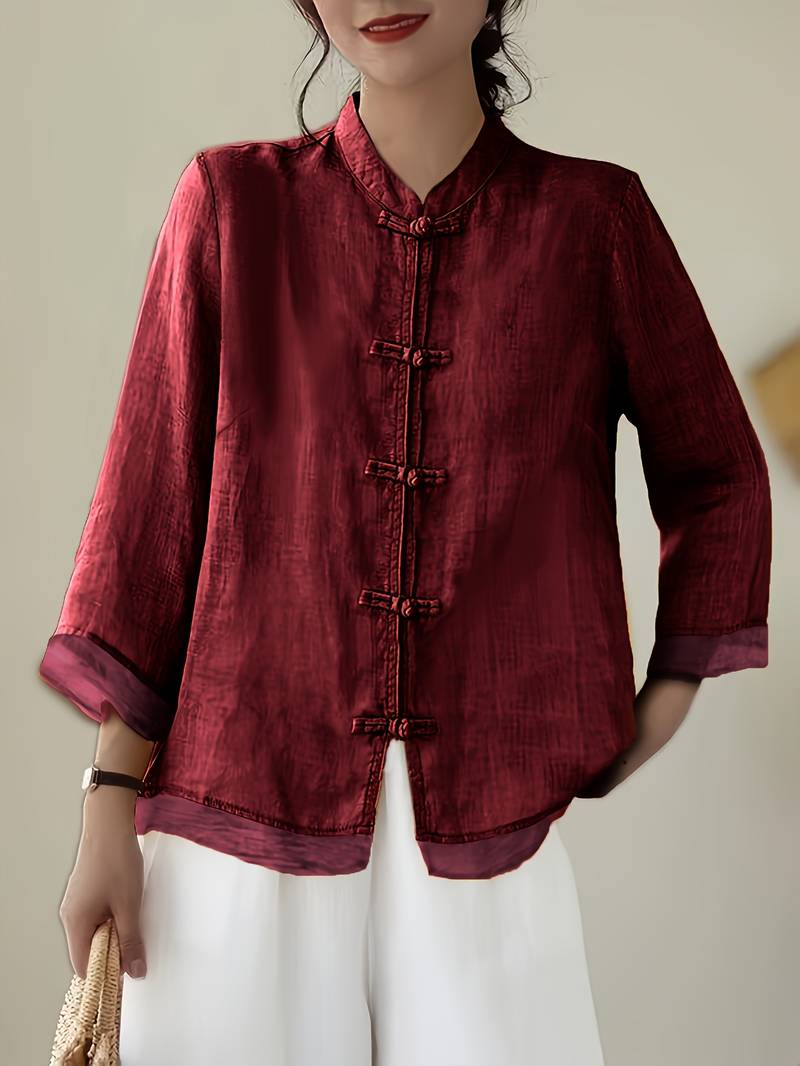 Mandarin Collar Frog Button Linen Blouse