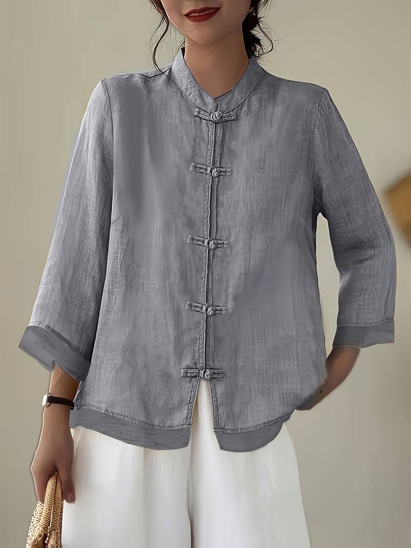 Mandarin Collar Frog Button Linen Blouse