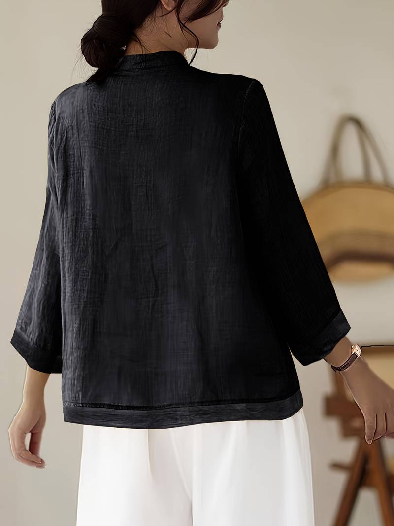 Mandarin Collar Frog Button Linen Blouse