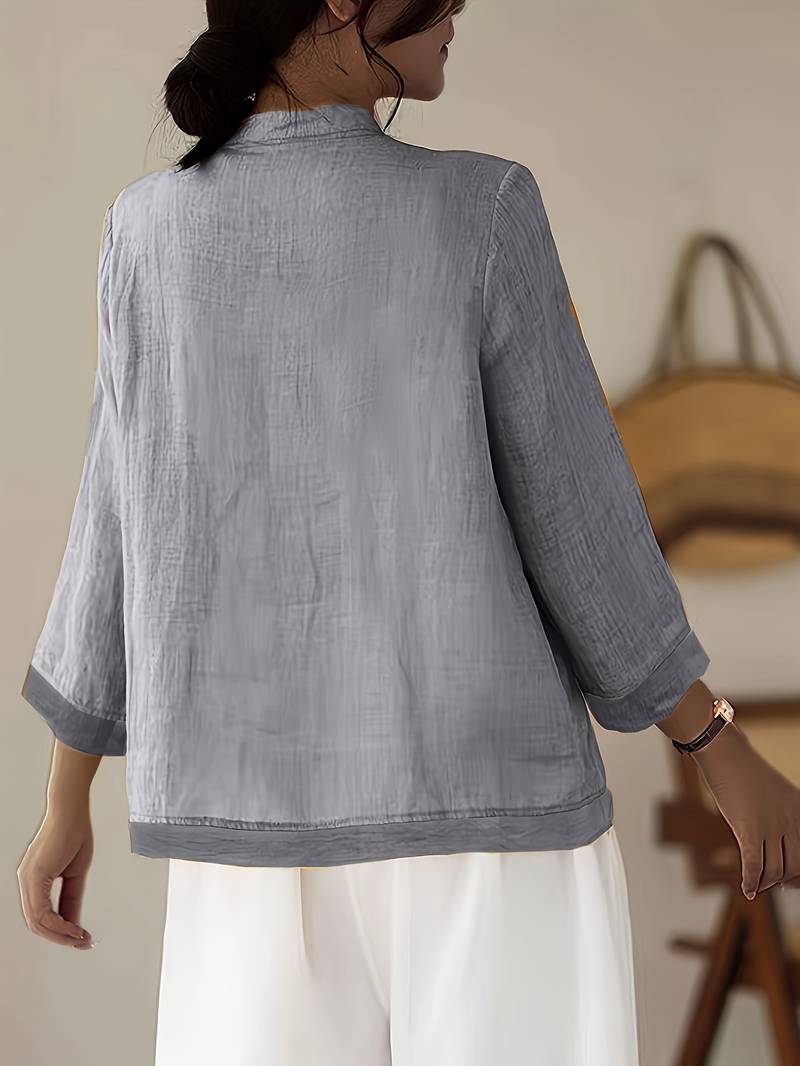 Mandarin Collar Frog Button Linen Blouse
