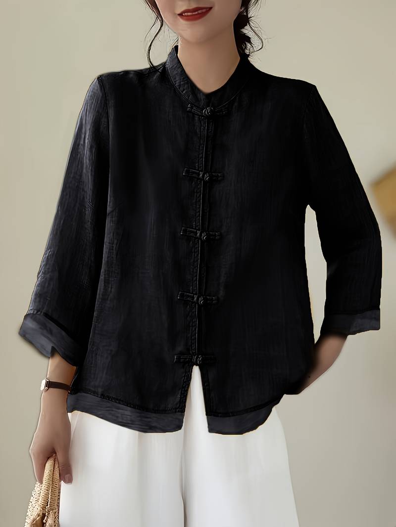 Mandarin Collar Frog Button Linen Blouse