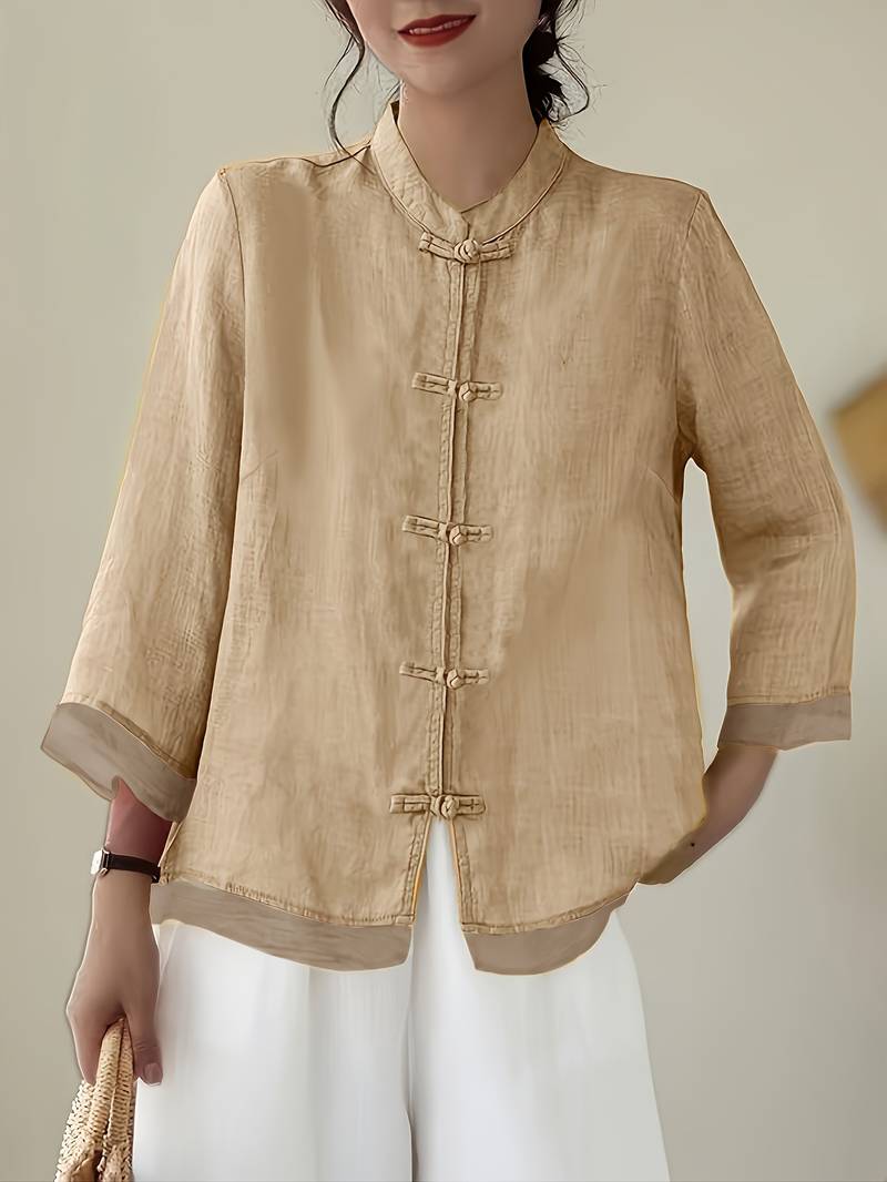 Mandarin Collar Frog Button Linen Blouse