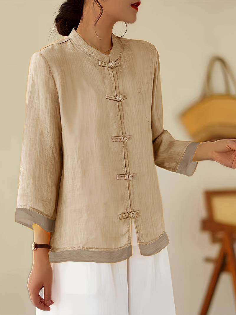 Mandarin Collar Frog Button Linen Blouse