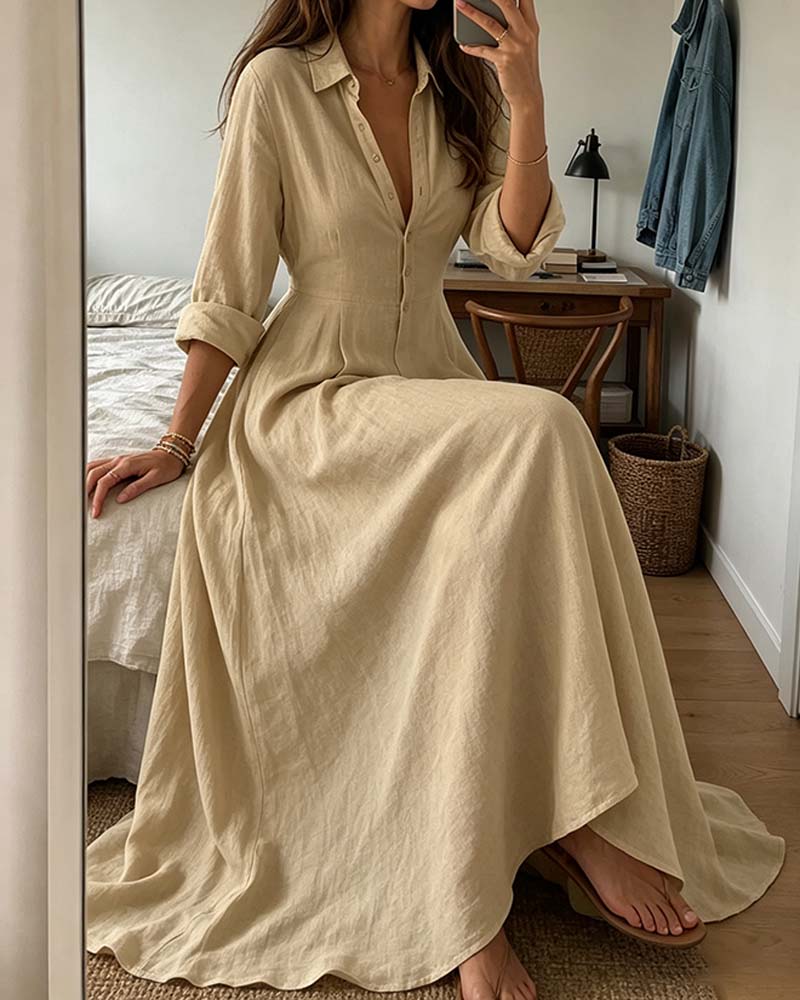 Khaki Shirt Collar Full Skirt Fitted-Waist Shirt Dress — worn on model