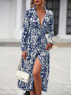 Women's belted geometric shirt dress with button-down front detail, close-up