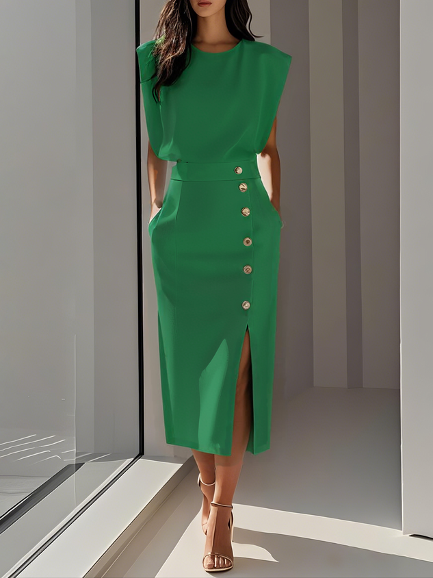 Solid Midi Dress with Button Slit