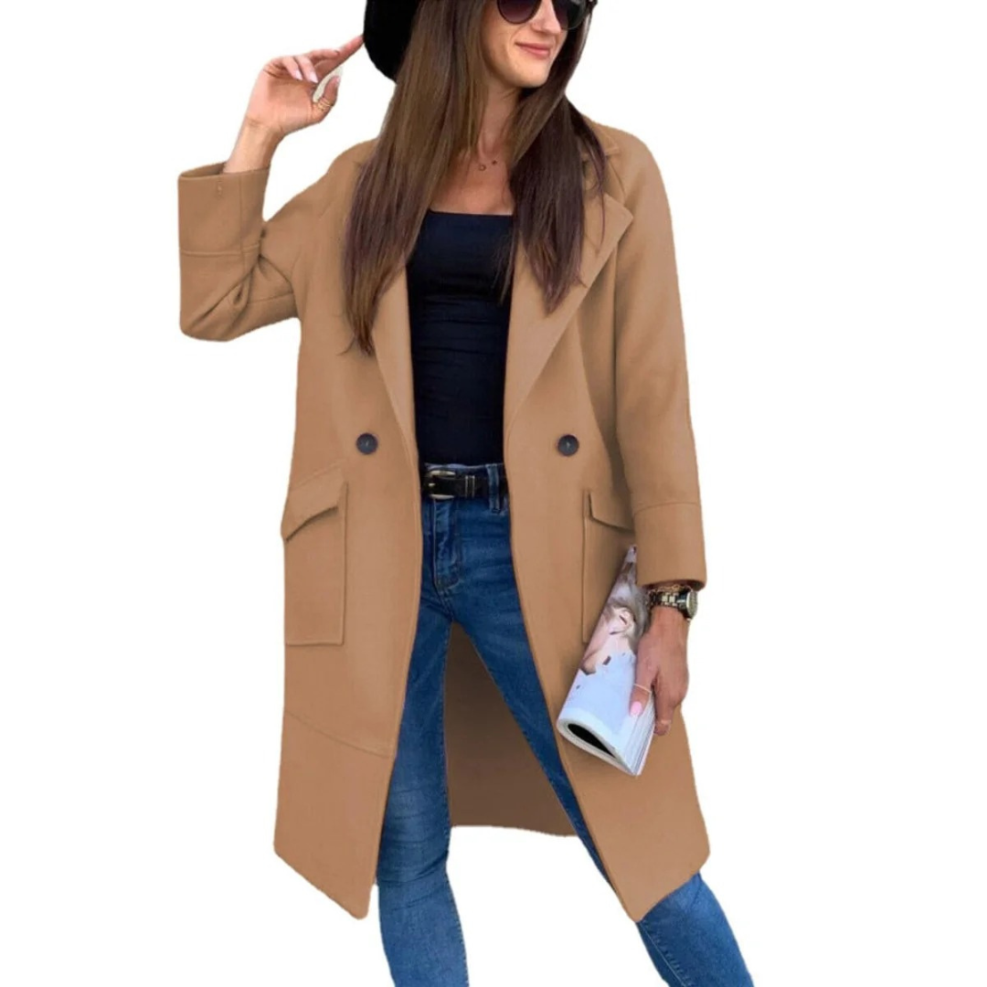 Long button front pocketed trench coat with a long cut in Khaki